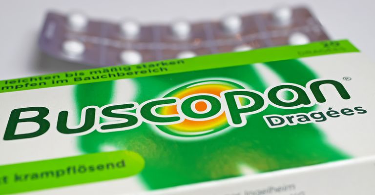 Viersen, Germany - Juin 9. 2022: Close-up of the Buscopan package, a drug for cramping abdominal pain.