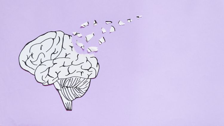 Symbol für eine Gehirnstörung, dargestellt durch ein menschliches Gehirn aus zerrissenem Papier auf lila Hintergrund mit Kopierraum. Kreative Idee für die Alzheimer-Krankheit, Demenz oder Gedächtnisverlust. Konzept für die psychische Gesundheitspflege. Symbol für eine Gehirnstörung, dargestellt durch ein menschliches Gehirn aus zerrissenem Papier auf lila Hintergrund mit Kopierraum. Kreative Idee für die Alzheimer-Krankheit, Demenz oder Gedächtnisverlust. Konzept für die psychische Gesundheitspflege.