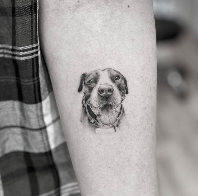 Tatoo von einem Hund, Labrador Hundetattoo, Mischling tätowieren, Hundekopf Tattoo, modernes Tattoo auf Arm, Vierbeiner Tattoo, Dogtattoo