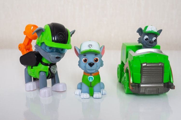 Rocky Mix Breed in the middle Paw Patrol Vertebrate, toy, mammal, motor vehicle, lego, plastic, fictional character, font, machine, action figure,