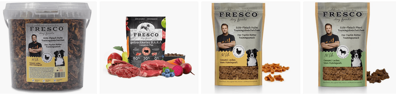 Fresco Hundefutter Trockenbarf Publikation,Rezept,Schriftart,Zutat,Naturkost,Werbung,Superfood,Leinen,Marke,Logo, Fresco Hundefutter, Martin Rütter Hundefutter, Leckerli, Hirschleckerli, hypoallergene Leckerli, gesunde Leckerli, Kauartikel von Fresco, Trockenbarf